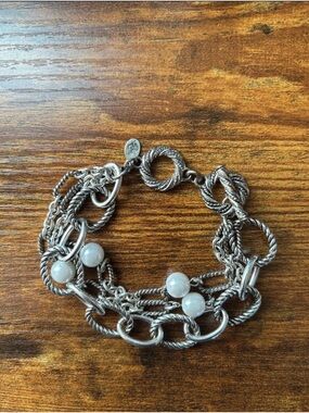 vtg Premier Designs silver tone white faux pearl 3-strand chunky bracelet
